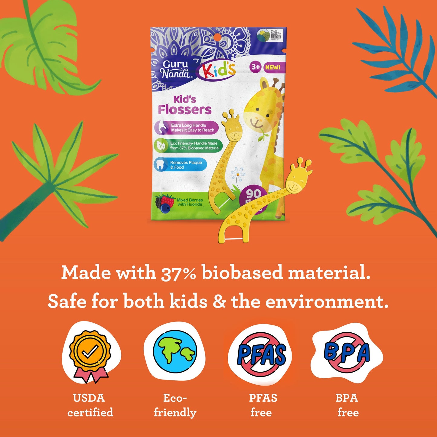 Kids' Giraffe Shaped Flossers, Fluoride -Free - 90 Pack