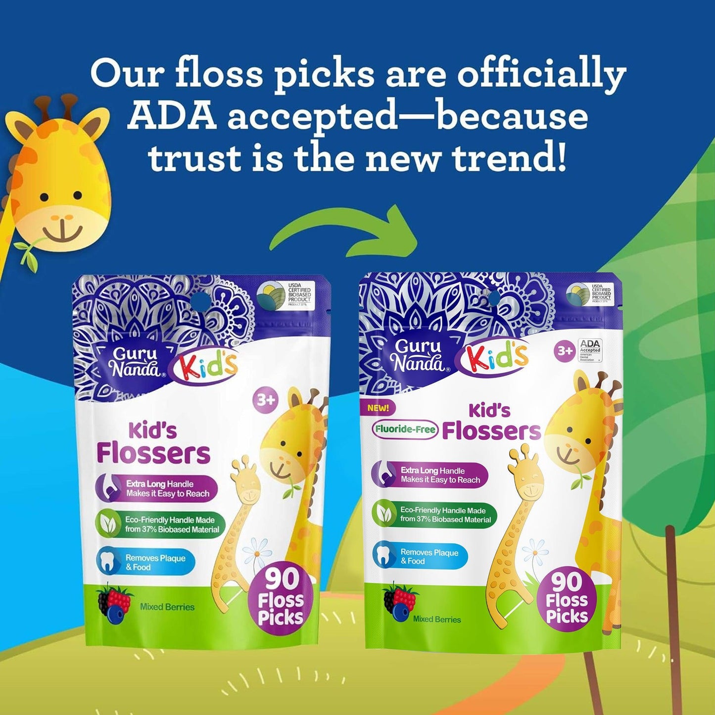 Kids' Giraffe Shaped Flossers, Fluoride -Free - 90 Pack