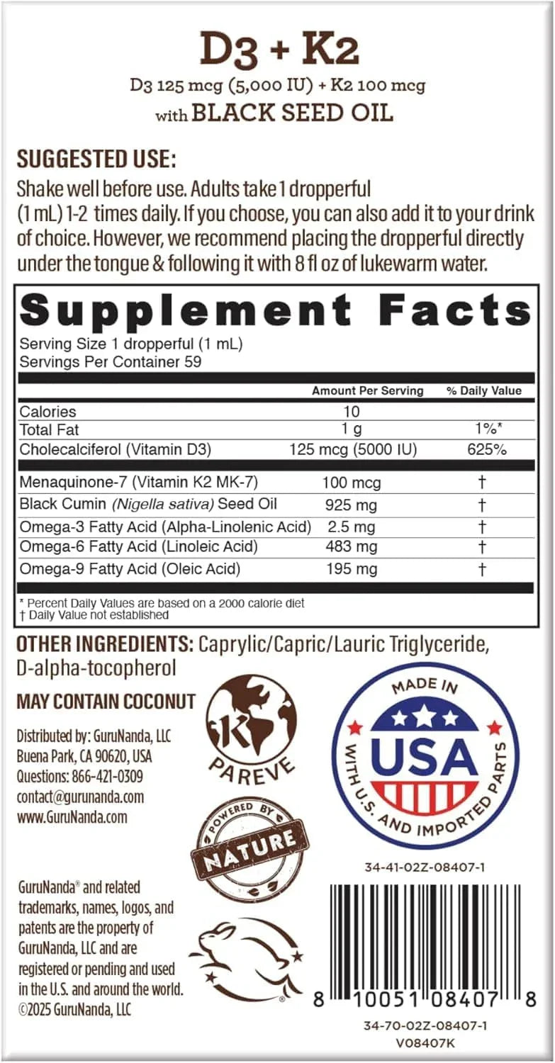 Natural Cold Pressed Black Seed Oil With Vitamin D3, K2 & E