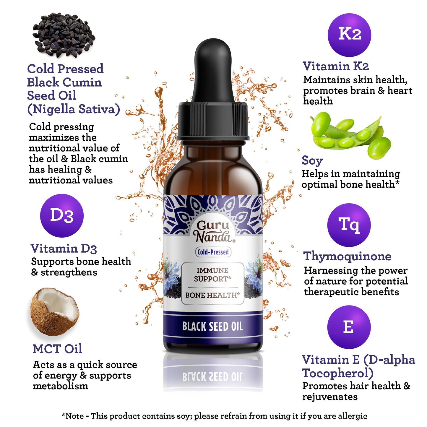 Natural Cold Pressed Black Seed Oil With Vitamin D3, K2 & E