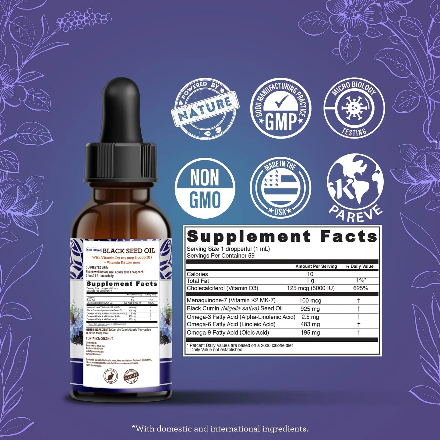 Natural Cold Pressed Black Seed Oil With Vitamin D3, K2 & E